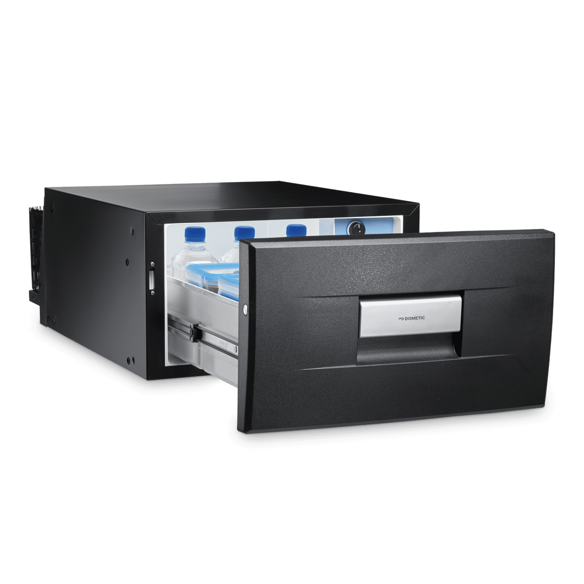 Dometic CD-30 drawer fridge, closed, showing the black compressor drawer unit — 4Matt Campers, Western Cape & Cape Town