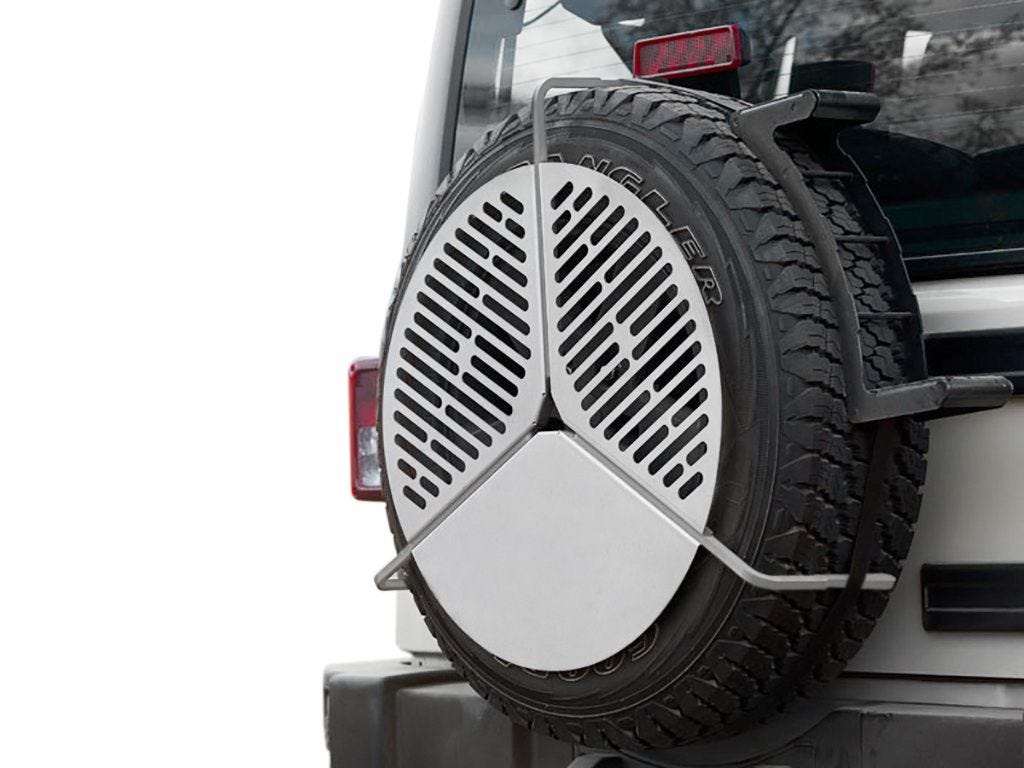 Front Runner Spare Tyre Mount Braai BBQ Grate on a spare wheel