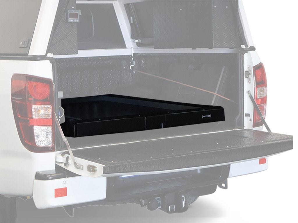 Front Runner Cargo Bed Slide, Large, extended in a vehicle load bed