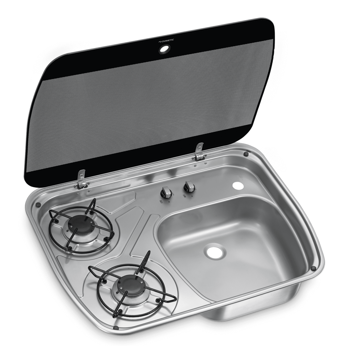Dometic HSG 2445 stainless-steel two-burner hob and sink combination with glass lid open — 4Matt Campers, Western Cape & Cape Town