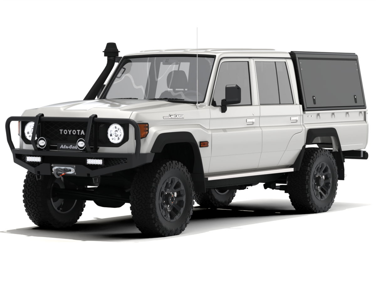 Alu-Cab Explorer Canopy, Black Smooth, on Toyota Land Cruiser 79 double cab