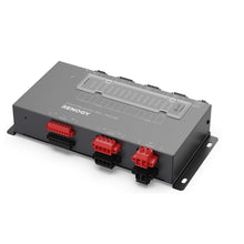 Angled view of the Renogy Smart Distribution Box PMS1280 showing the twelve fused DC output channels, load connectors and battery terminals