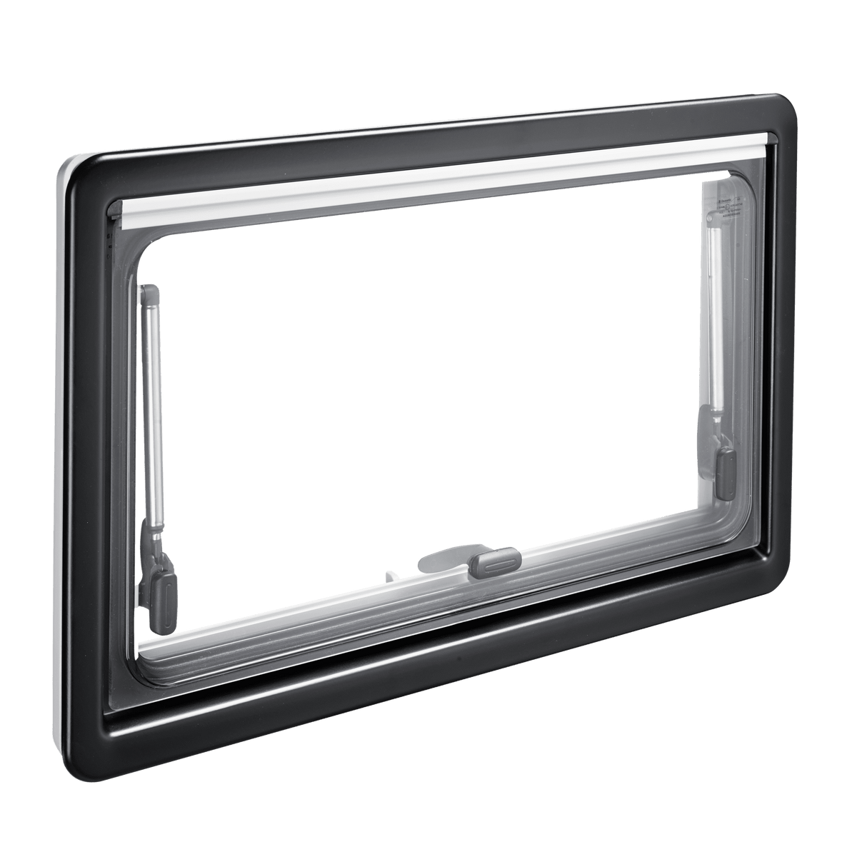 Dometic S4 1200x600 hinged caravan window, closed, showing the polyurethane frame and integrated blind — 4Matt Campers, Western Cape & Cape Town
