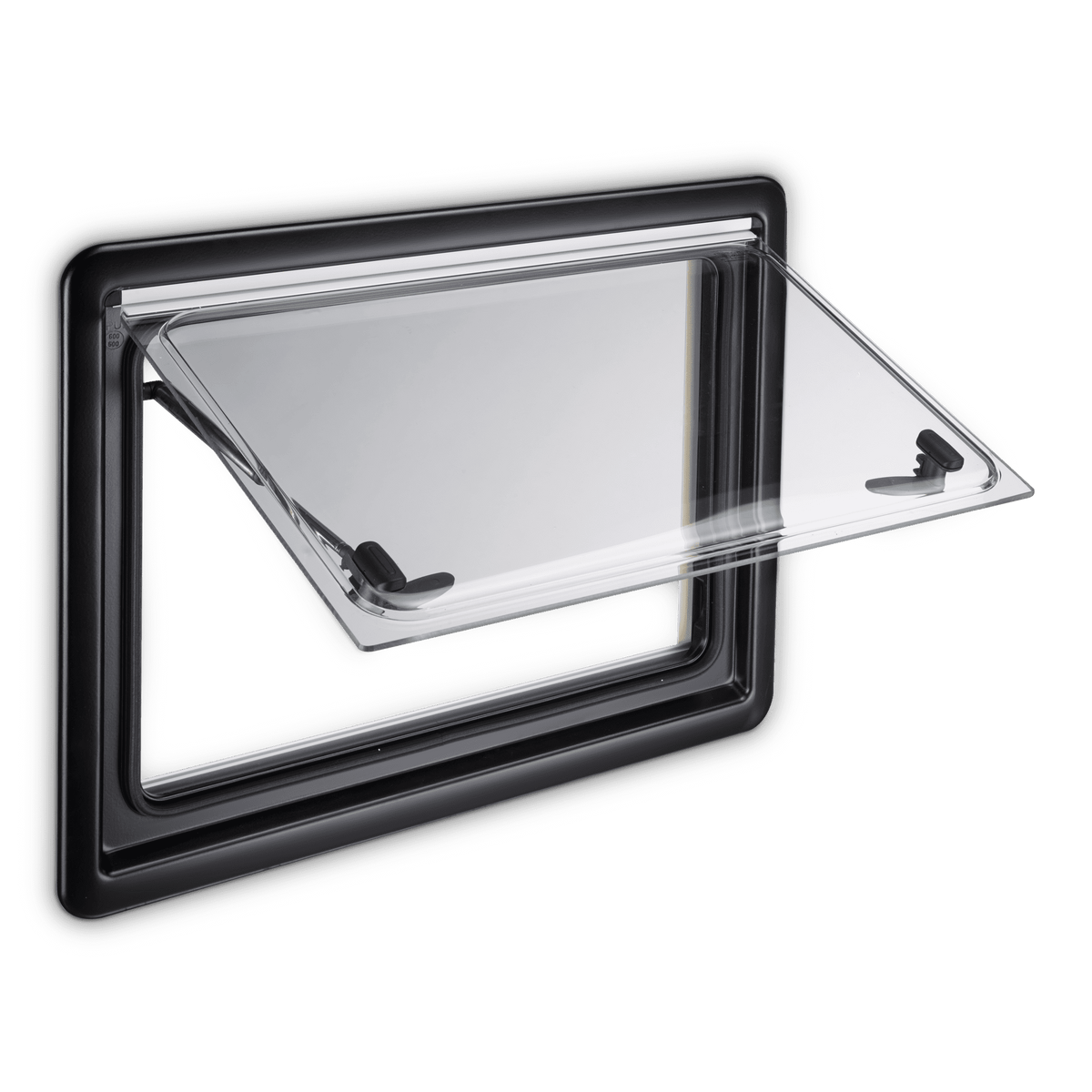 Dometic S4 1100x450 hinged caravan window, closed, showing the polyurethane frame and integrated blind — 4Matt Campers, Western Cape & Cape Town