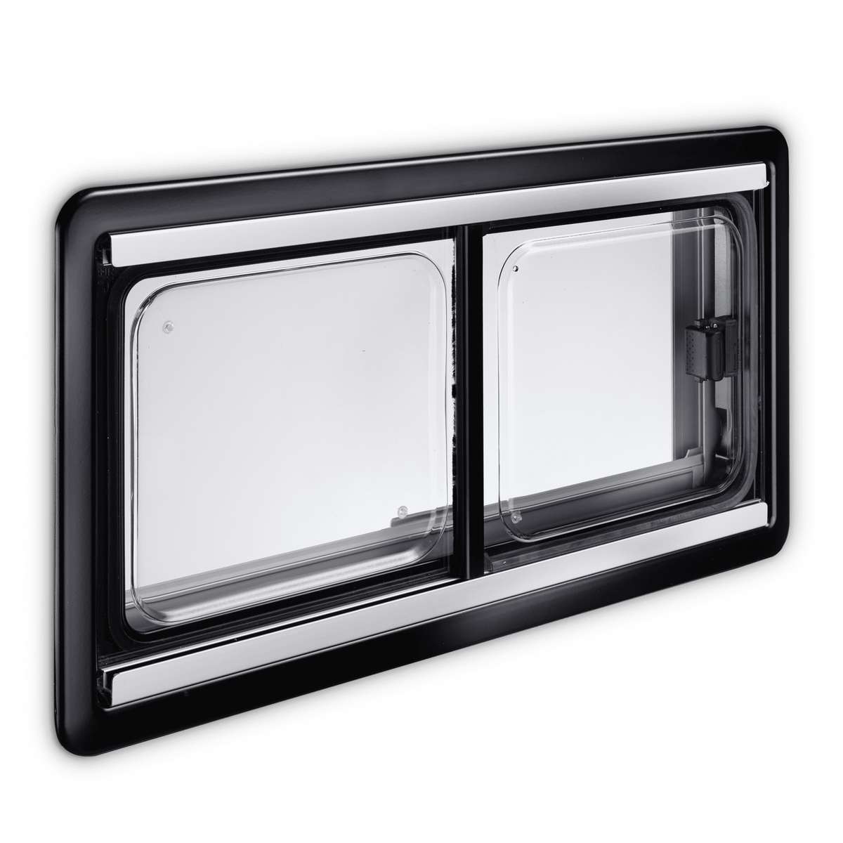 Dometic S4 1100x450 sliding caravan window, closed, showing the polyurethane frame and integrated blind — 4Matt Campers, Western Cape & Cape Town