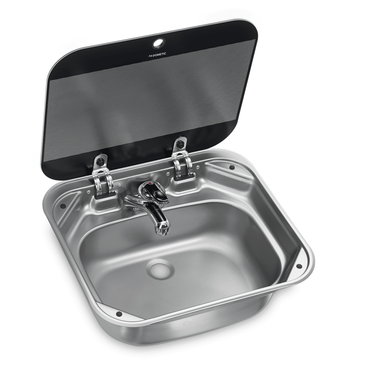Dometic SNG 4237 stainless-steel square sink with glass lid open and tap fitted — 4Matt Campers, Western Cape & Cape Town