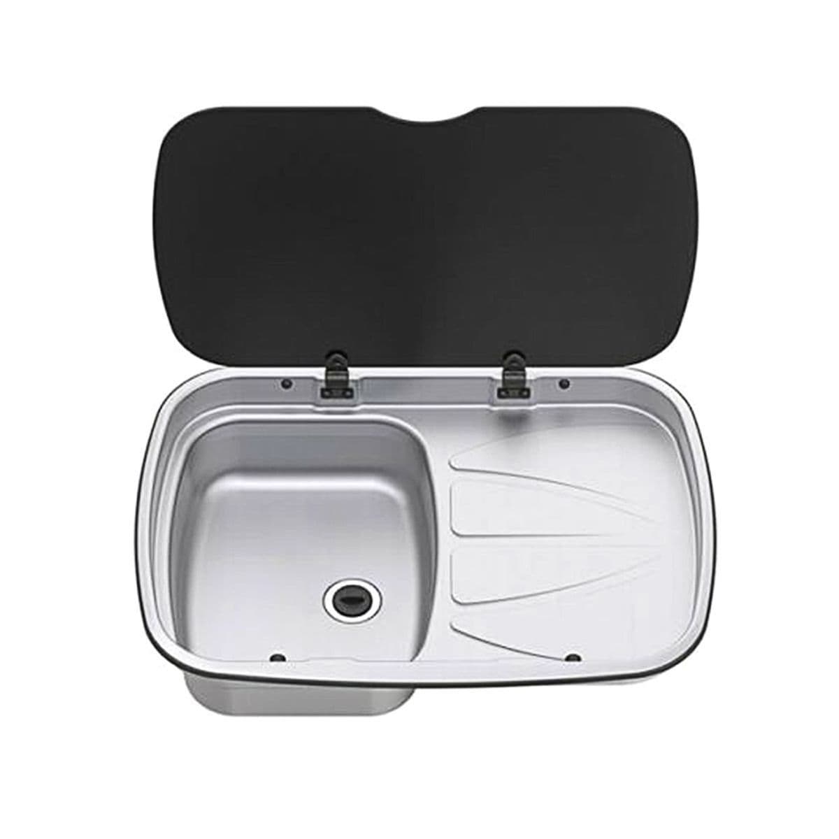 Thetford Argent caravan sink with black glass lid and right-hand drainer