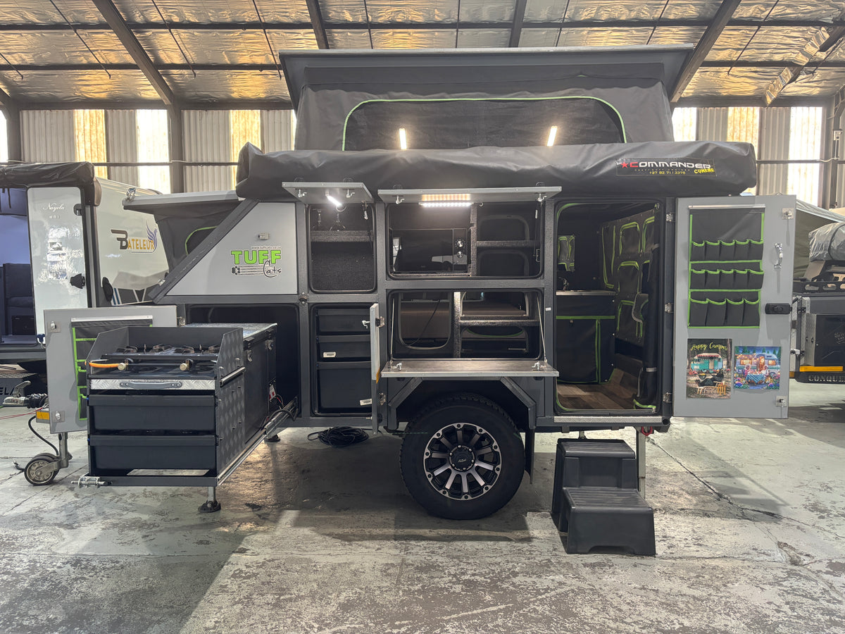 2023 Tuff Cats Mbada 2 Max – side view with pop-up roof raised and lockers open