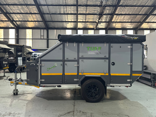 2025 Tuff Cats Shumba Elite 2 – side profile packed for travel, aluminium cladding on a galvanised chassis
